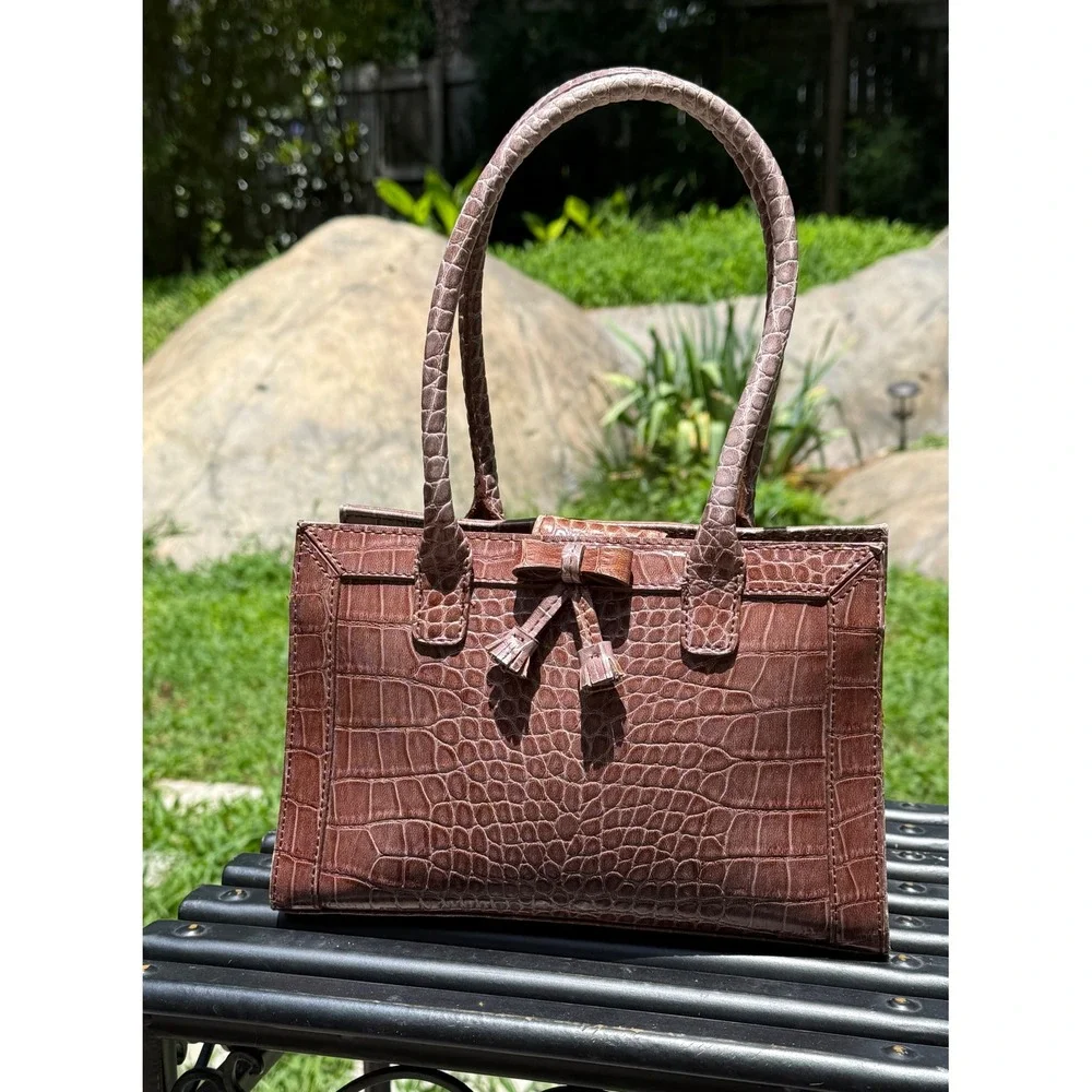 Vintage Liz Claiborne Croc-Embossed Bow‎ Bag/Beige Y2K Mini Purse
